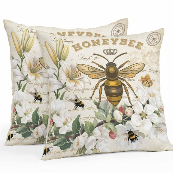 HONEYBEE Outdoor Waterproof Pillow Covers 20x20 Pack of 2 Bees Turquoise Farmhouses Antique Letters Decorative Outdoor Pillow Covers Square Cushion Cases for Patio Furniture Pergola Couch