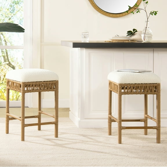 Jennifer Taylor Home Lucia 25.5" Backless Upholstered Counter Stool with Resin Rattan Frame, Ivory White Boucle