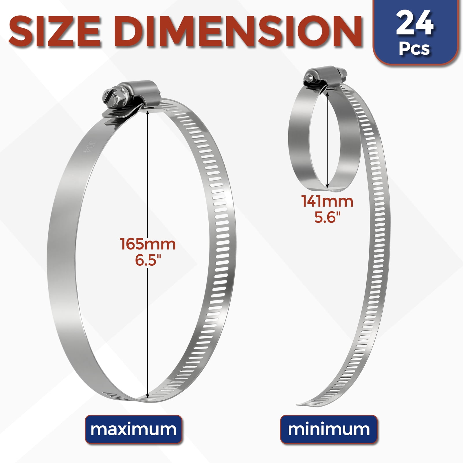 Uxcell 24Pcs Stainless Steel Hose Clamps, Adjustable 5.6" to 6.5" (141-165mm) Heavy Duty Worm Gear Hose Clamp Assortment Kit, Metal Fuel Line Clamping for Radiator, Dryer Vent
