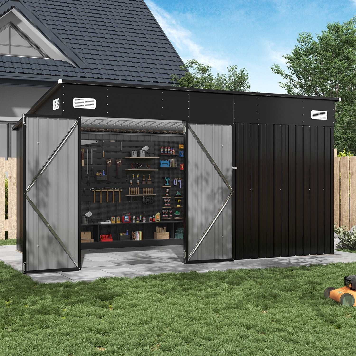 BaPiPro 12'x8' Lean-to Metal Storage Shed, Outdoor Lockable Shed with Triple Doors & Vents for Garden, Backyard, Patio - Black