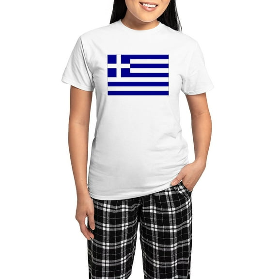 CafePress - Greece Flag Women's Light Pajamas - Women's Short Sleeve Print T-Shirt and Pants Light Cotton Pajama Set