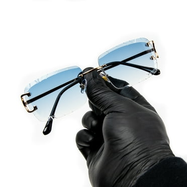 Rimless Luxury Hip Hop Men's Gem Cut Blue Tint Gold Frame Rectangle Sunglasses