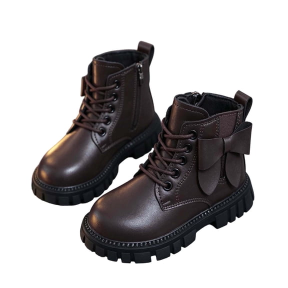 Bilqis Fashion Ankle Boots for Girls Bow Lace Up Solid Faux Leather Martin Boots Side Zipper Round Toe Soft Sole Non-slipping Shoes School Outdoor Daily Fall Winter Footwear Brown,12.5 Little Kids