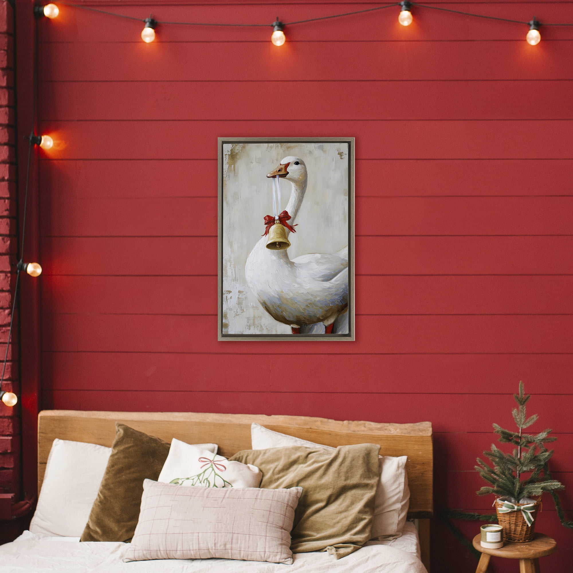Festive Jingle Goose Brown Framed Floater Canvas Wall Art, design by Petal Prints Design