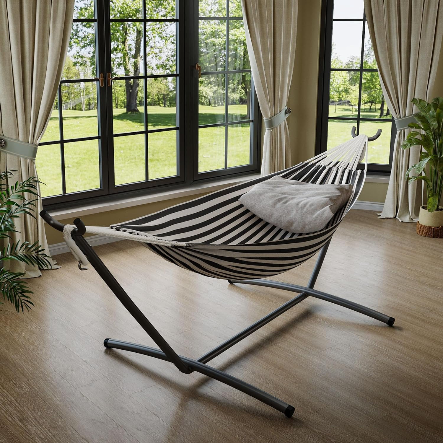 Double Hammock with Foldable Steel Stand and Carrying Bag, Portable Freestanding Hammock for Indoor & Outdoor Use, 450 lbs Capacity, Ideal for Garden, Patio, Camping, Beach, Black