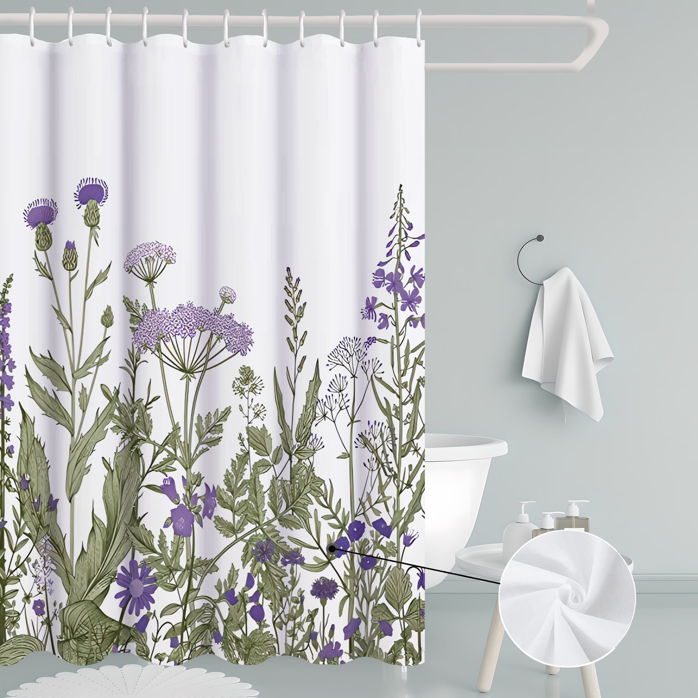 Purple Floral Shower Curtain, Watercolor Spring Lavender Wisteria