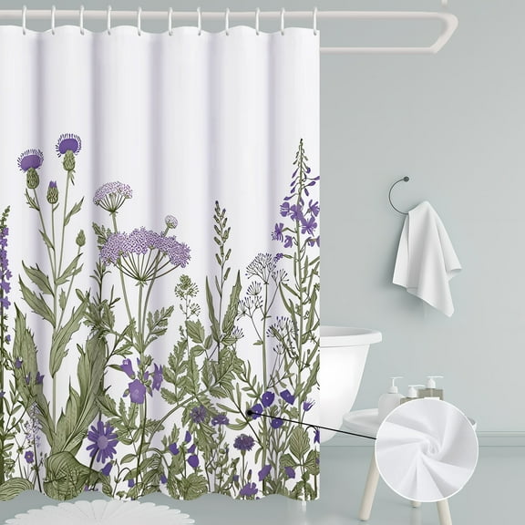 Purple Floral Shower Curtain, Watercolor Spring Lavender Wisteria Blossom Bath Curtains, Wildflower Herbs Farmhouse Botanical Printed Design Waterproof Fabric 72"x72" with 12 Hooks