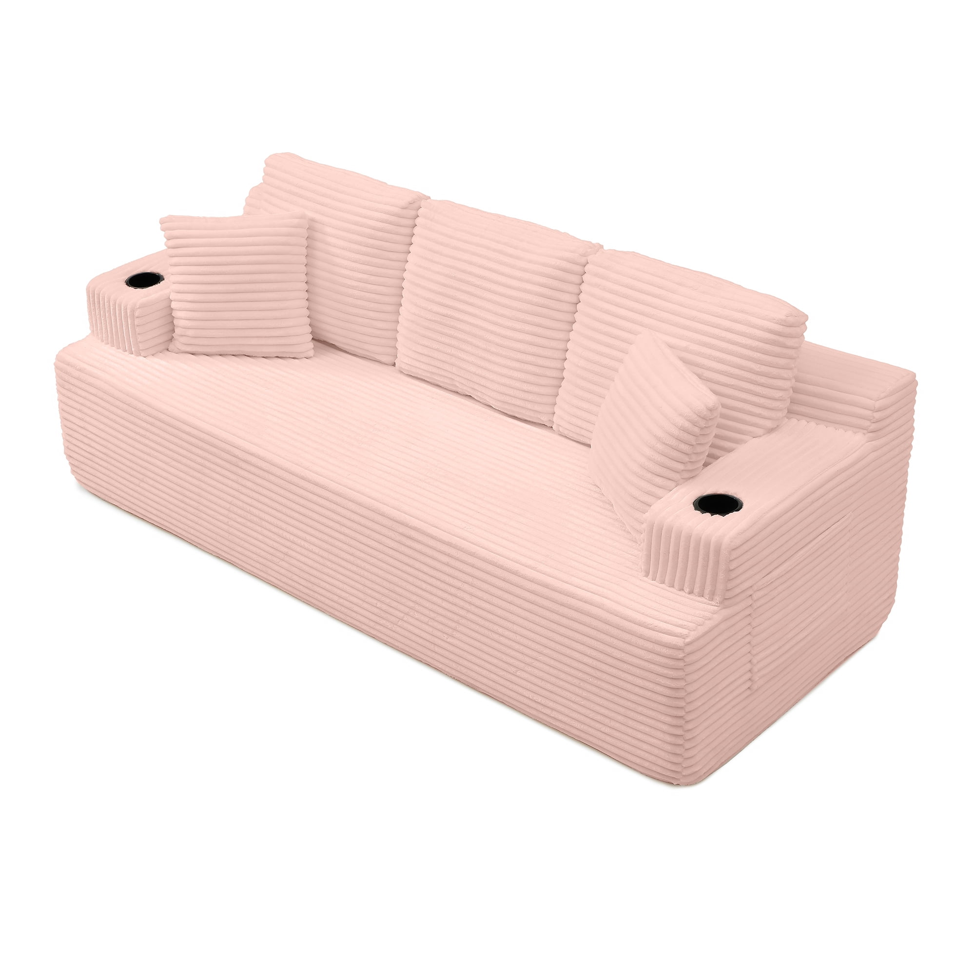 Miniyam 3-Seats Cloud Couch Corduroy Sofa, Boneless Floor Couch No Assembly, with Cup Holders & Side Pockets for Living Room (Pink)