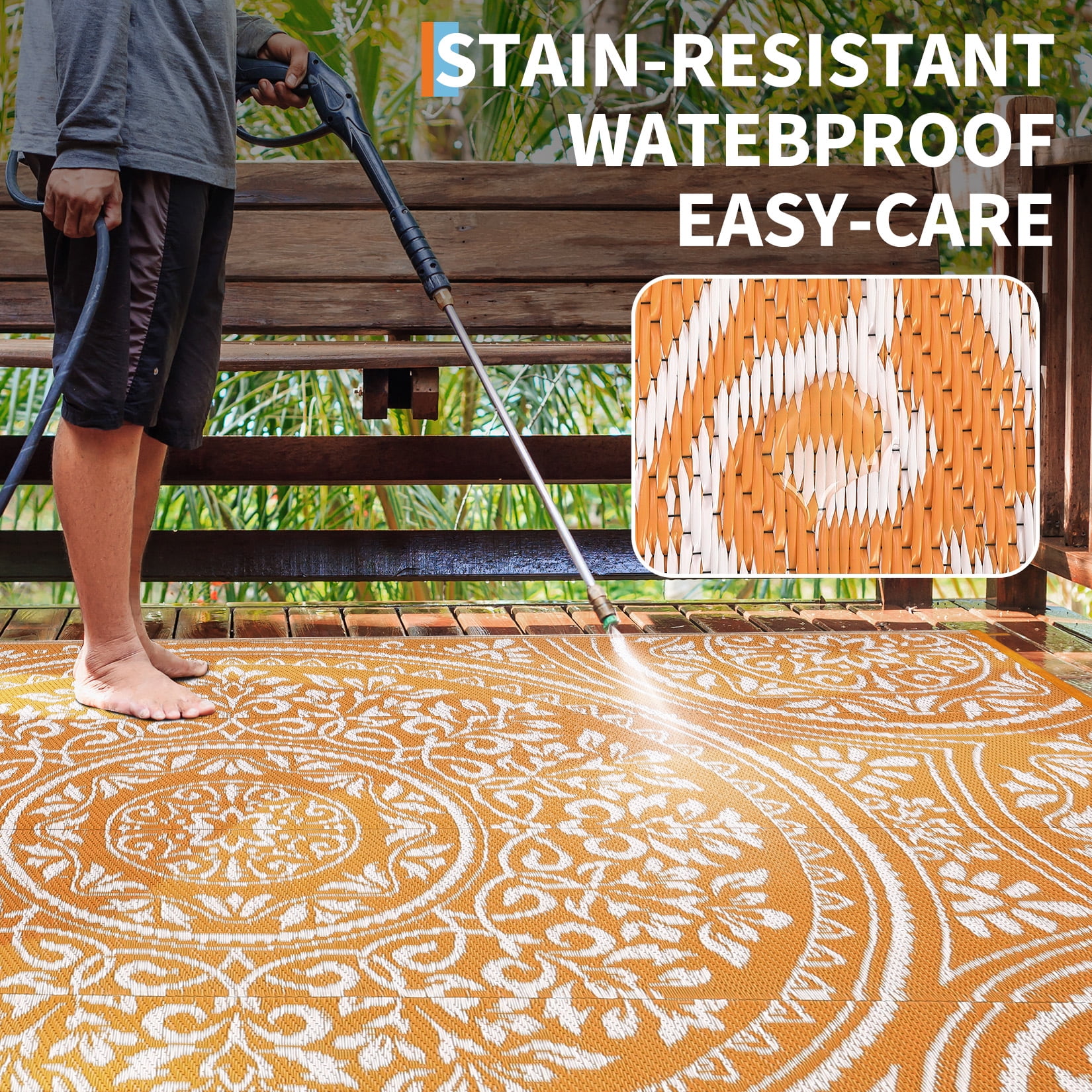 HIWEAVER 9' x 12' Orange/White Outdoor Rug PP Plastic Straw Woven Waterproof Patio Rug with Border Portable Outside Carpet for Balcony Deck Picnic Garden Decor
