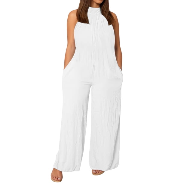 Monos informales para mujer tallas grandes: mono holgado sin mangas de color liso con bolsillos, pantalones anchos largos, mezcla de materiales, M-XXXL