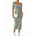thumbnail image 3 of Women 2025 Summer Ribbed Short Sleeve Bodycon Maxi Dress Side Slit Knit Square Neck Long Sundress Green M, 3 of 8