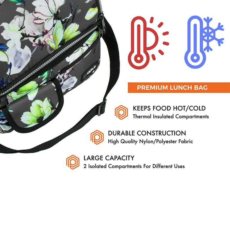 Opux Insulated Dual Compartment Lunch Bag for Women, Ladies | Double Deck Reusable Lunch Box Cooler with Shoulder Strap, Leakproof Liner | Medium