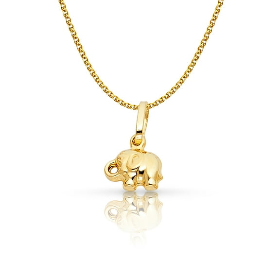 14K Yellow Gold Elephant Strength & Luck Charm Pendant with 1.2mm Flat Open Wheat Chain Necklace