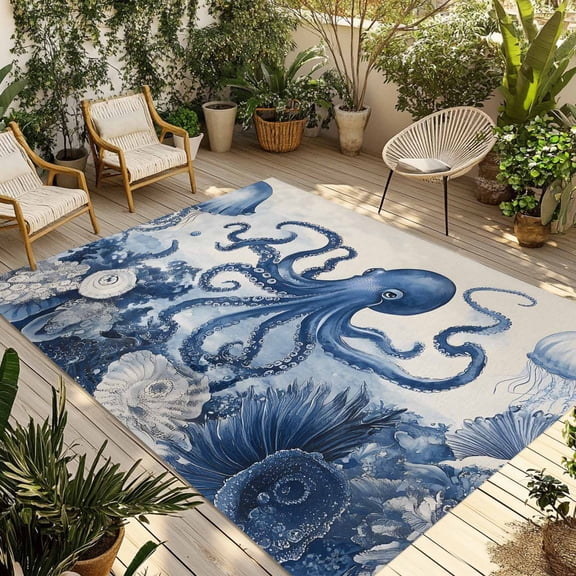 4' x 6' Outdoor Rug, Navy Blue Octopus Outdoor Washable Rug Large Floor Carpet, Summer Beach Shell Coral Non Shedding Area Rug for Outside Patio RV Porch Deck Balcony Camping Living Room