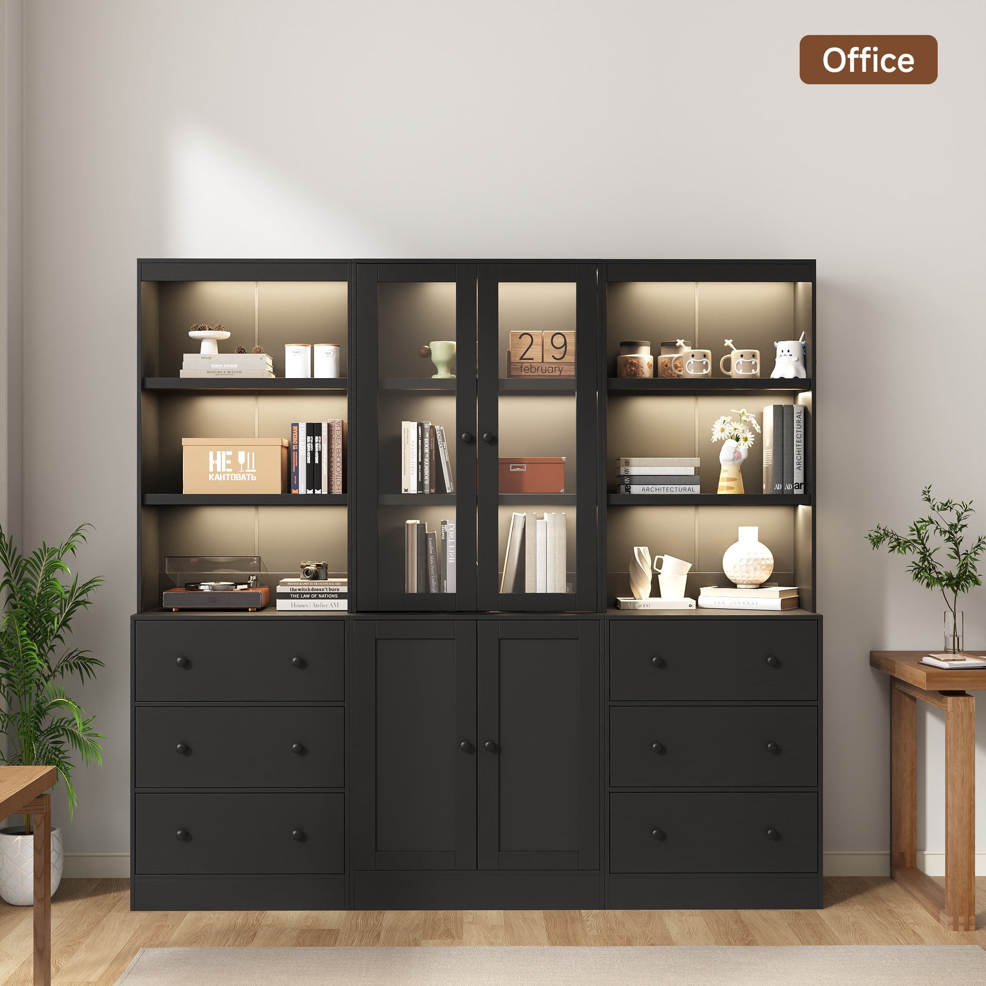 IDEALSOUL 3PCS 71" Tall Bookcase with Drawers, Black Combination Bookcase with Charging Station and LED Light, Freestanding Display Cabinet with Large Storage Space for Living Room, Office, Bedroom
