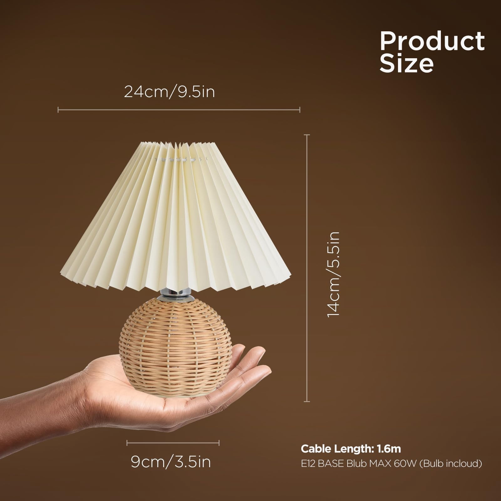 MEHOOM Pleated bamboo Table Lamp, Modern Bedside Nightstand Lamp with Beige Lampshade Rattan Metal Base, Table Lamps for Bedroom, Living Room, Home Office Decor