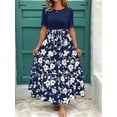 thumbnail image 7 of Navy Blue Floral Print Tiered Maxi Dress With Tie Waist And Short Sleeves For Women, 7 of 7