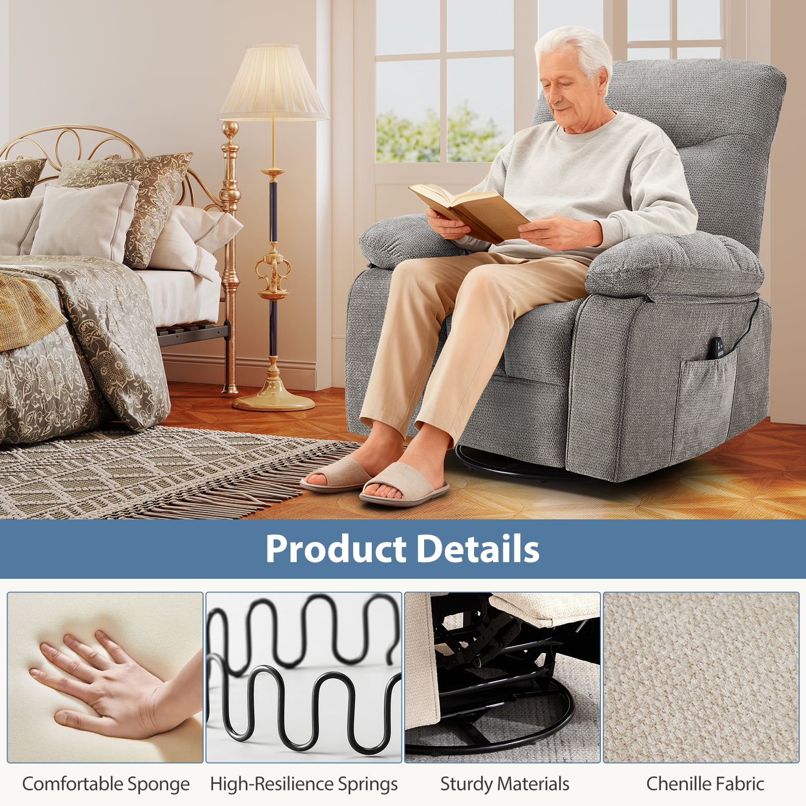 Gianna Swivel Rocker Recliner Chair with Massage and Heat, 270° Swivel with Chenille Fabric, Footrest and Adjustable Recline 90°–150° for Living Room or Bedroom