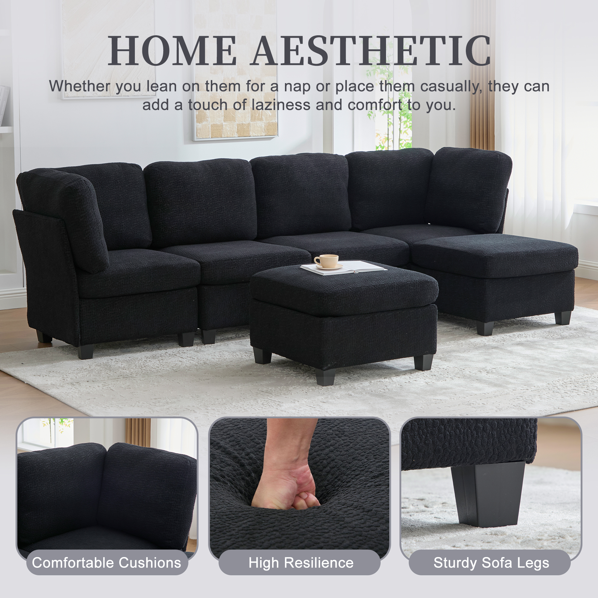 MOONMISS 6-Seat Polyester Upholstered U-Shaped Modular Storage Sleeper Sectional Sofa with Storage Ottoman-Black