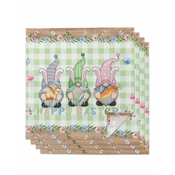 Easter Cloth Napkins Set of 4 Reusable Dinner Napkins, Spring Pastoral Gnomes Bunny Eggs Green Lattice Cocktail Napkin Washable Table Napkins for Wedding/Holiday Party/Baby Shower 20"x20"