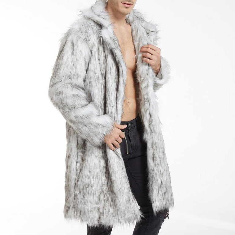 Men Winter White Fur Coat Long Sleeve Faux Wool Fur Outerwear