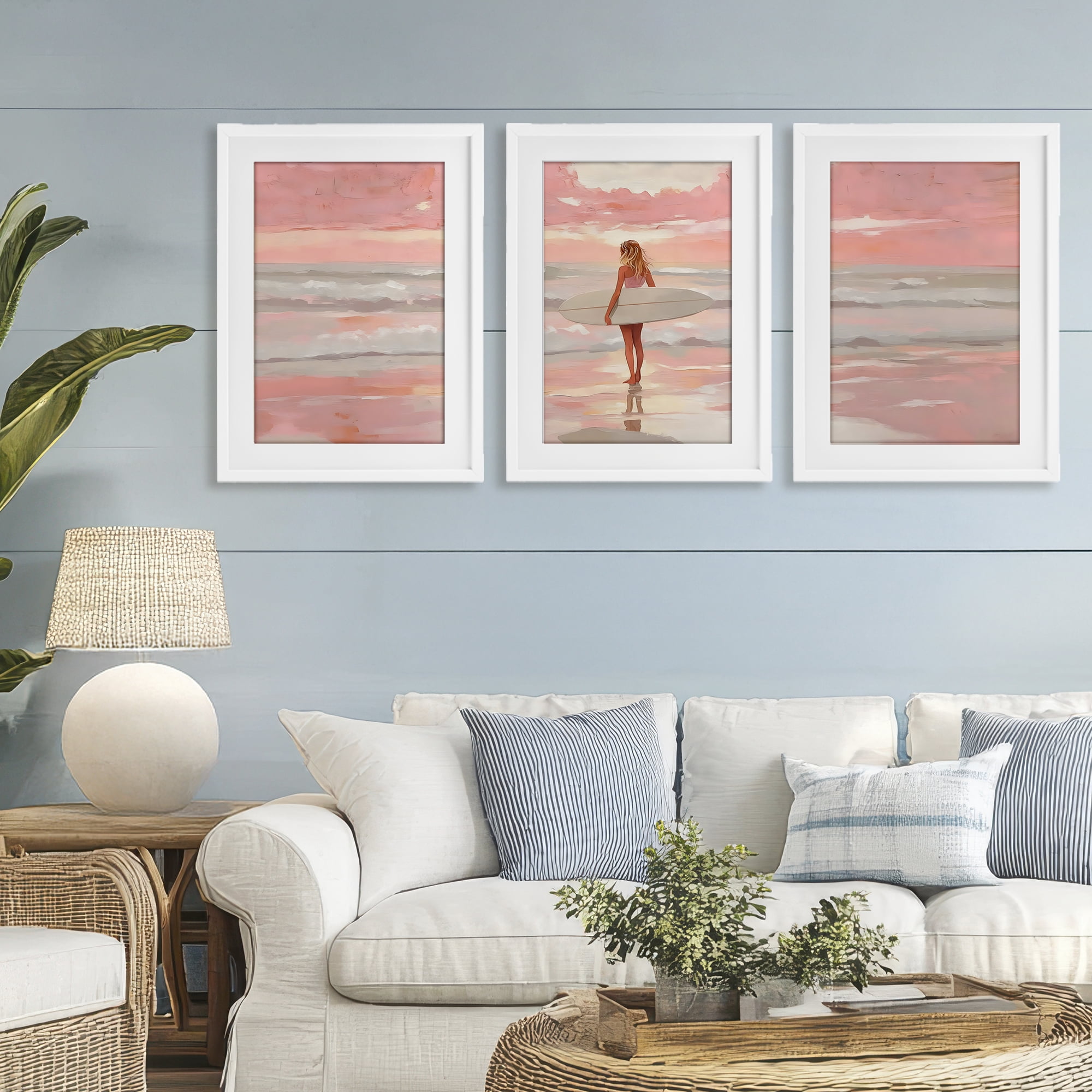 Stupell Industries Pink Sky Surfer Sunrise 3 Piece White Framed Print Under Glass Set, design by LSR Design Studio