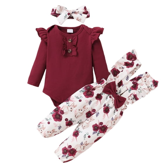 Kucnuzki Newborn Baby Girls Long Sleeves Rompers Floral Suspender Pants with Headband 3pcs Baby Girls Outfits Fall Red 9-12 Months