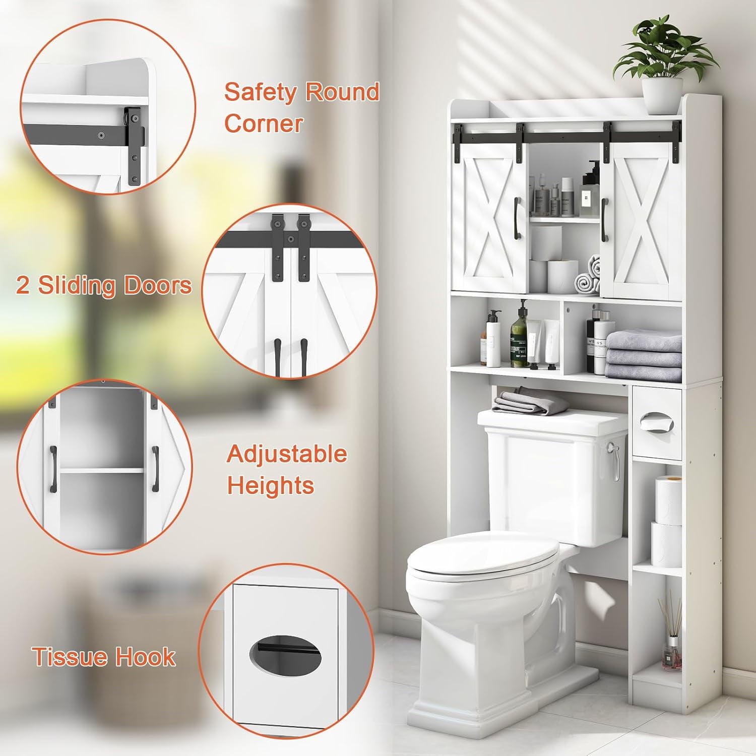 Vabches Over The Toilet Storage Cabinet with Sliding Doors & Toilet Paper Holder, Bathroom Organizer Space Saver, White