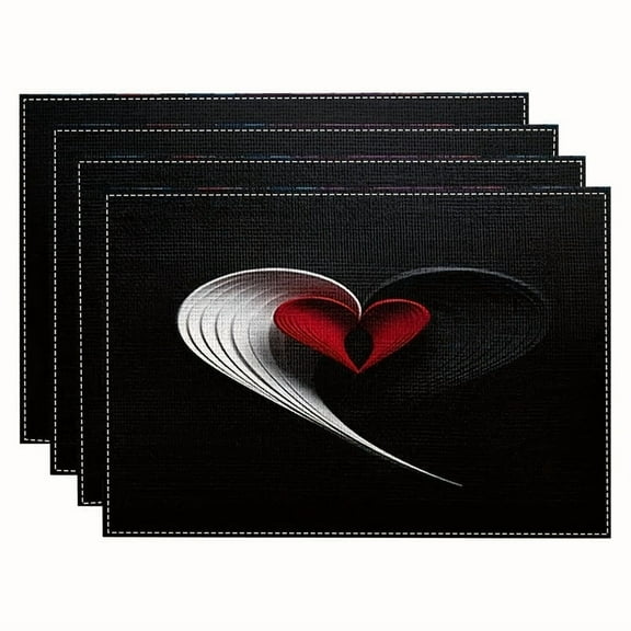 Black and White Heart Placemats Set of 4, 12x18 Inch Heat Resistant Non-Slip Dining Placemats Washable Table Mats for Home Kitchen Decoration