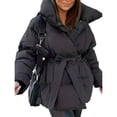 thumbnail image 3 of Women'S Stand Collar Cotton Padded Coat with Belt for Warmth Waist Tie Pockets Winter Jacket Black L, 3 of 8