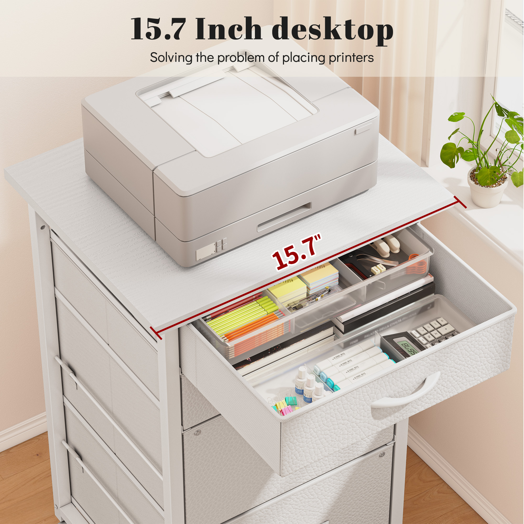 Romorgniz 4 Fabric Drawers Mobile File Cabinet Desk Table Cabinet Fits A4/Letter Size Printer Stand for Home Office，White