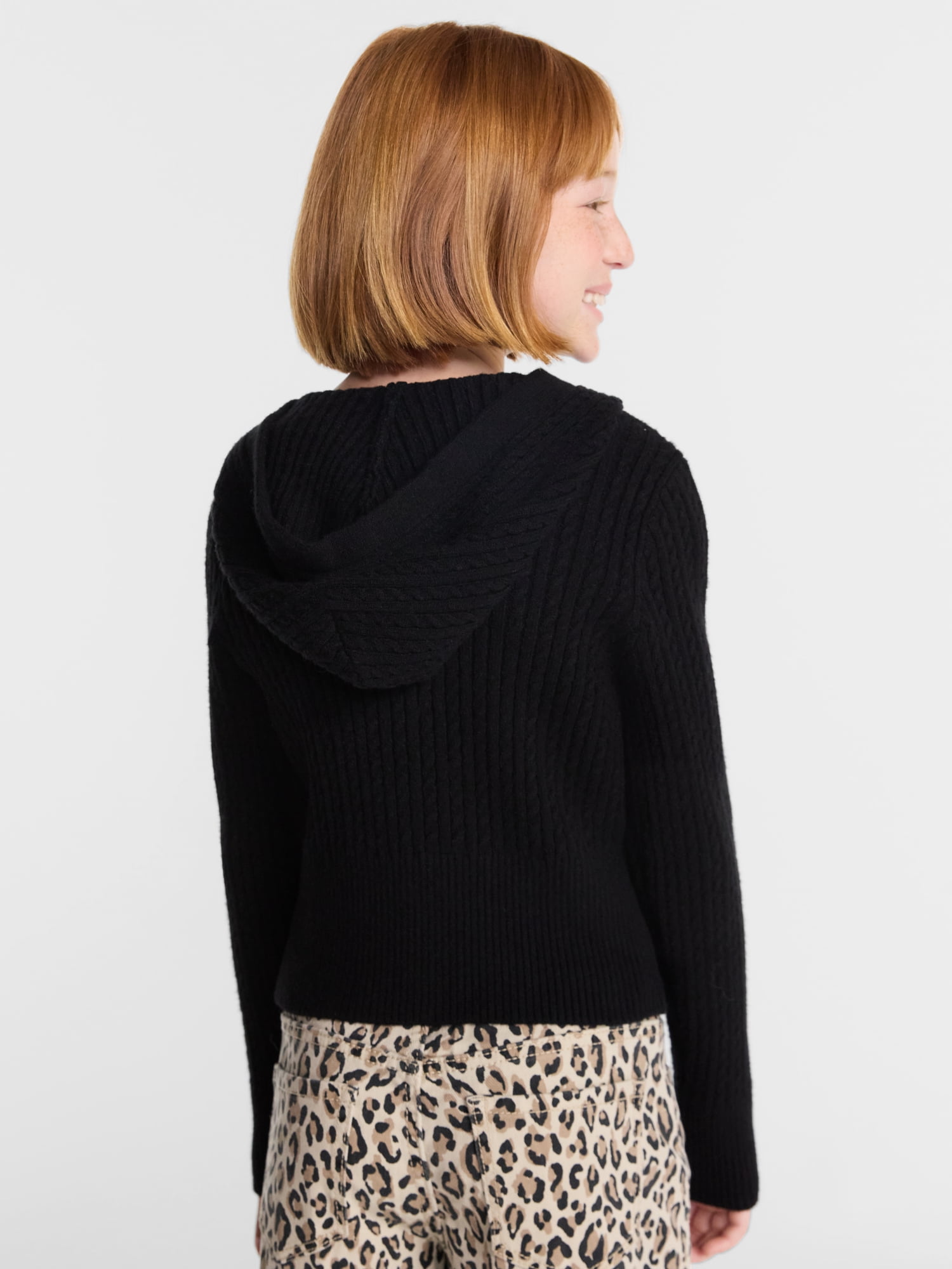 Wonder Nation Girls Ribbed Knit Hooded Full Zip Sweater, Sizes 4-18