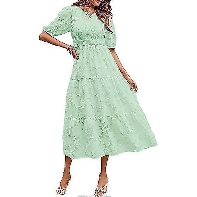 Vestido midi de encaje con mangas abullonadas y cuello redondo para mujer (verano 2023)