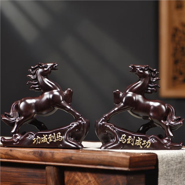 Ebony solid wood carved horse figurine, one of the twelve zodiac horse figurines, for home living room or study feng shui decoration.