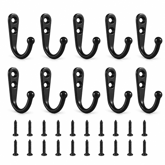 Black Wall Mounted Coat Hooks, Rustproof Metal Hooks for Hanging with Screws—Perfect for Bathroom, Kitchen, Hat, Towel, Keys, Bag. Versatile and Convenient Wall Hooks (10 Pack)