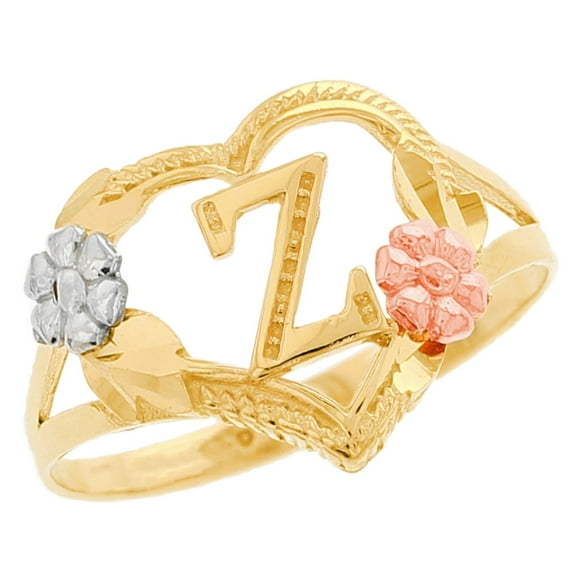 JackAni 10k Multi-Tone Gold Diamond Cut Floral Letter Initial Z Heart Ring