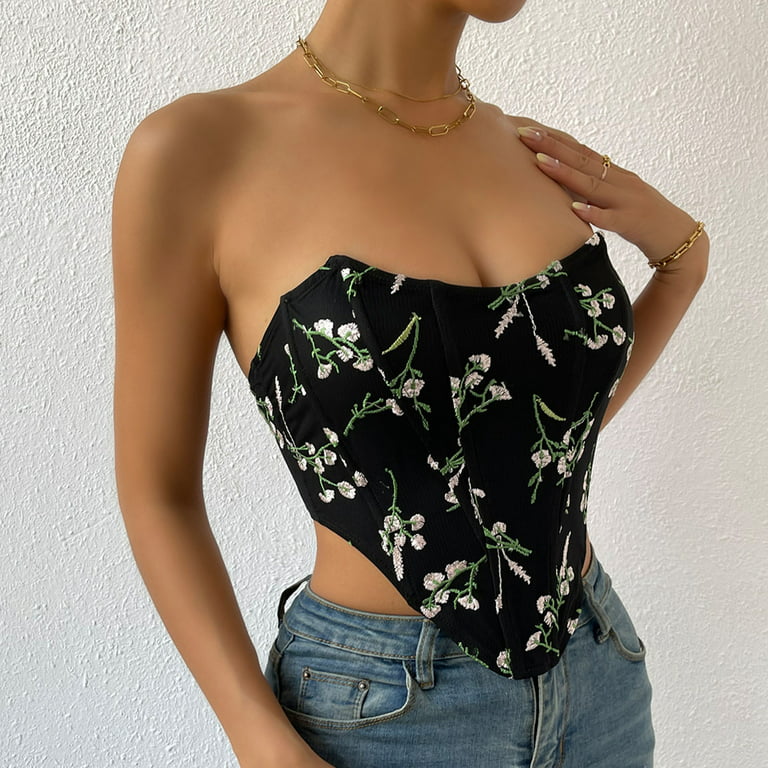 Olyvenn Summer Womens Strapless Shapewear Tube Tops Sleeveless Corset Tube  Bra Tanks Backless Flower Embroidery Shirts Sexy Off Shoulder Cami Cropped