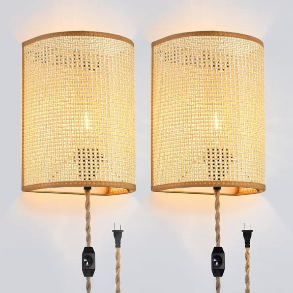 Wall Sconces Set of Two,Plug in Wall Sconces,Rattan Lampshade,Wall Lamp with Plug in Cord and Dimmable Switch,Rustic Boho Sconces Wall Lights Fixtures for Bedroom Living Room Hallway