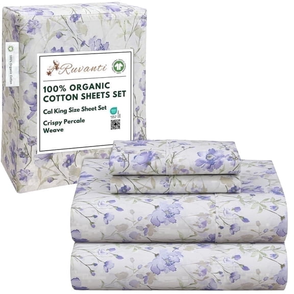 RUVANTI 100% Organic Cotton Sheets - California king Sheet Sets - 4 Piece Percale Weave Bedding, Crisp, Cooling & Breathable, Soft & Durable, 16" Deep Pocket, Hotel Quality Sábanas - Heather