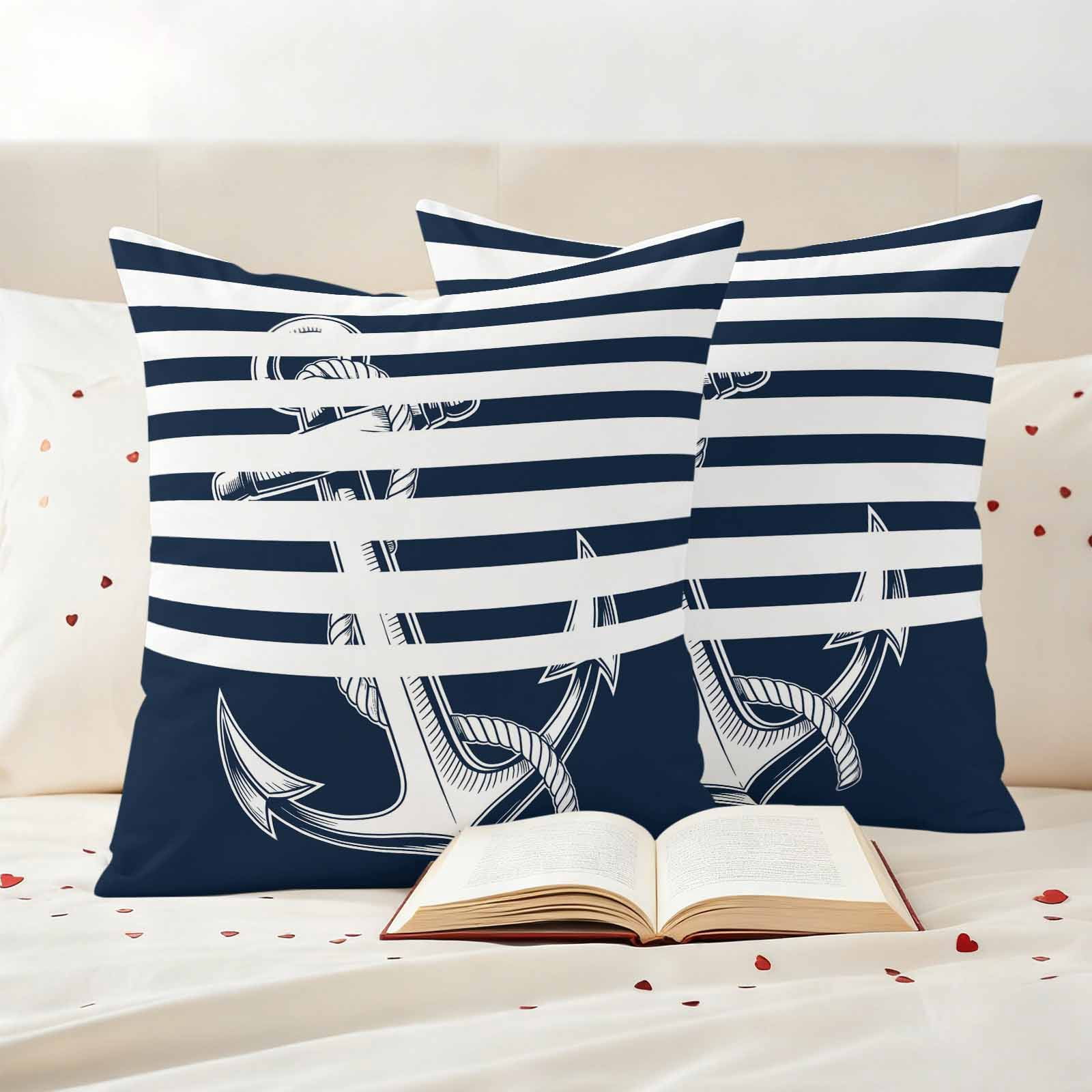 Navy Blue Anchor Outdoor Waterproof Pillow Covers, Nautical Coastal Abstract Art Decorative Square Throw Pillowcase Sofa Cushion Sham for Patio/Couch/Chair, 20"x20" 2 Pack