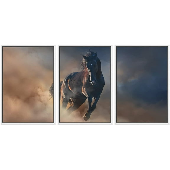 wall26 - 3 Piece Framed Canvas Wall Art - Beautiful Black Stallion Run in Desert Dust Against Sunset Sky - Modern Home Art Stretched and Framed Ready to Hang - 24"x36"x3 White