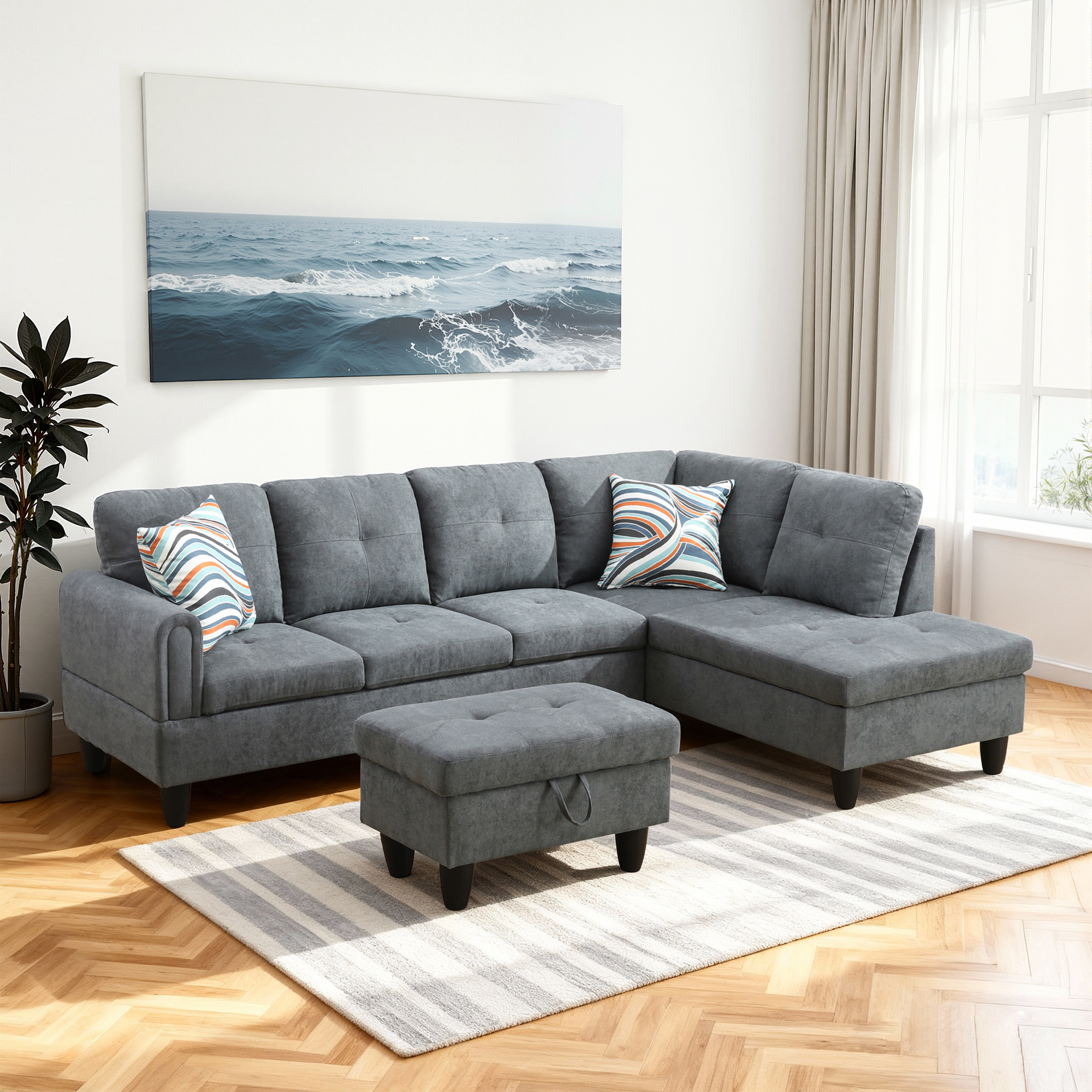 MAYEERTY 97" Modular Couches Fluffy Fabric Sectional Sofa Set for Living Room with Reversible Chaise & Storage Ottoman, Dark Grey (Left)