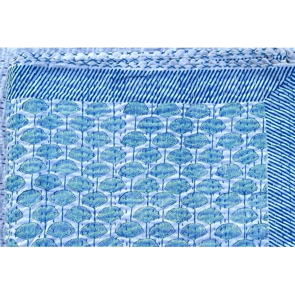 Ozark Textile Block Print Kantha Quilt With Blue Floral “ Handmade Cotton Bedspread, Lightweight Boho modern Bedding,