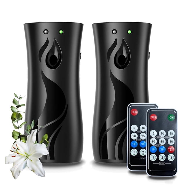 Dispensador automático de ambientador en aerosol, paquete de 2, soporte para rociador de montaje en pared o independiente, múltiples configuraciones de tiempo