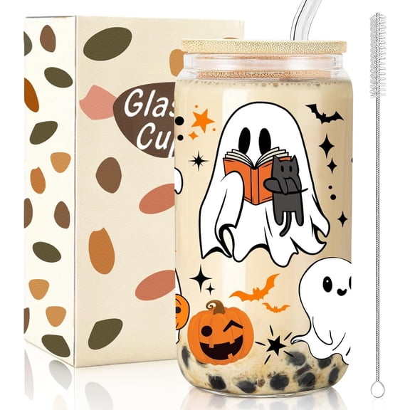 Cups, 16 oz Cute Halloween Cup, Glass Halloween Tumbler with Lid and Straw, Fall Iced Coffee Glass, Spooky Gifts for Women Girls