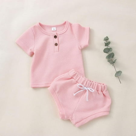 

Newborn Baby Boy Girl Summer Clothes Ribbed Short Sleeve T-Shirt + Shorts Set Two Piece Outfits