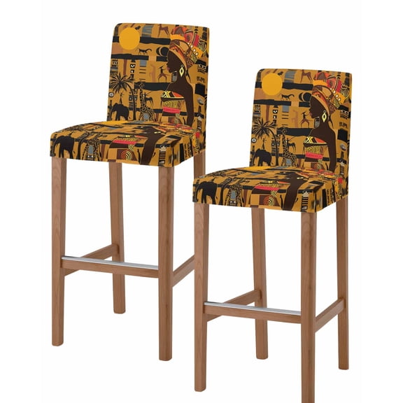 Black African Women Bar Stool Covers Set of 2, Boho Brown Elephant Giraffe Ethnic Stretch Washable Bar Chair Covers with Backs, Removable Pub Counter Height Chair Cover for Kitchen Dining Room Cafe