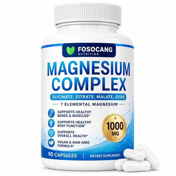 FOSOCANG Magnesium Complex 1000mg Supplement, 7 Elemental Forms with Glycinate, Malate & Citrate, 90 Capsules