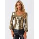 thumbnail image 4 of Disfraz de Halloween Allegra K Camiseta de fiesta con cuello redondo y manga de obispo con purpurina metálica Color Oro XL, 4 of 5