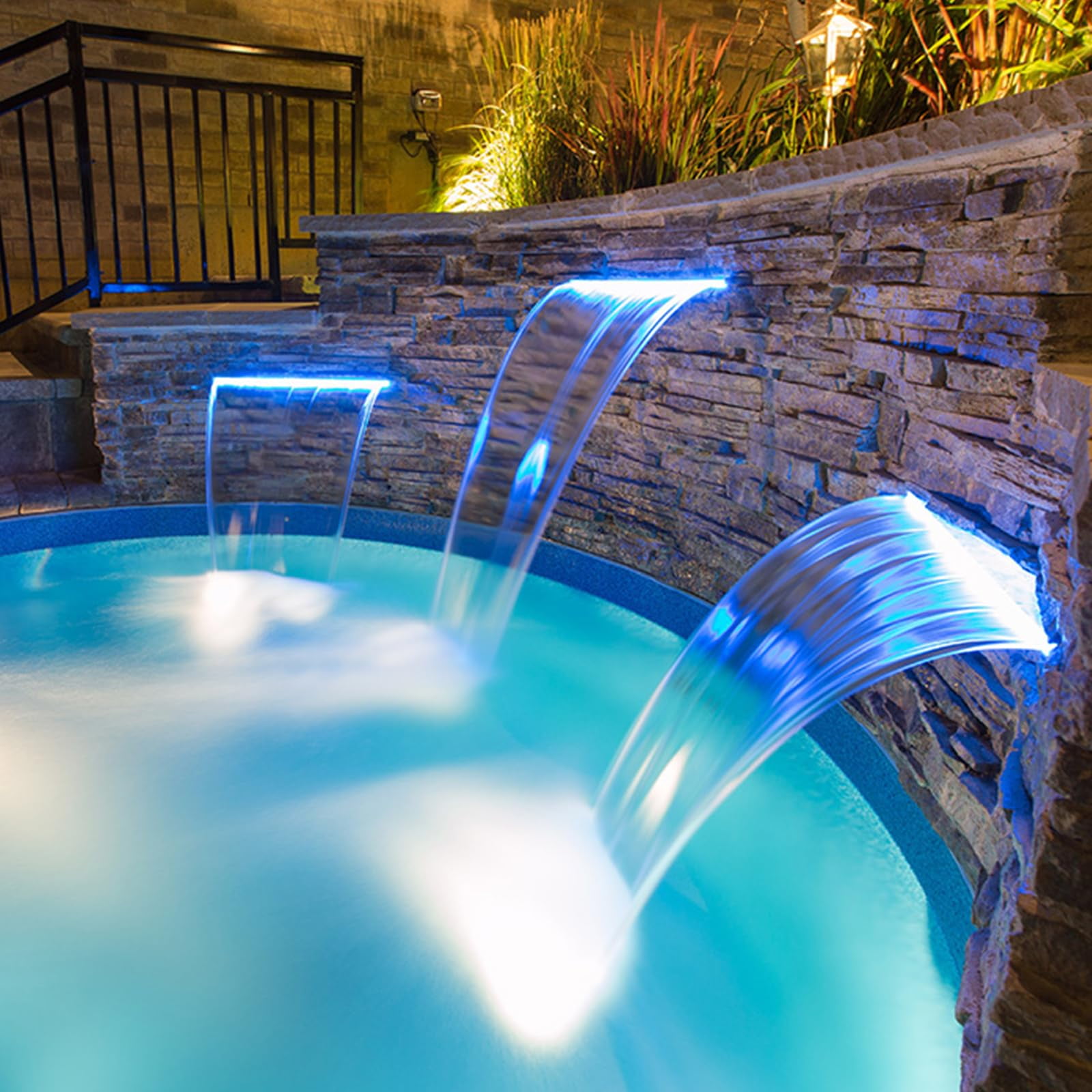 Ataucjin 12" Pool Fountain Acrylic Pool Waterfall Spillway 11.8" x 4.5" x 3.1"(W x D x H) Outdoor Fountain with Pipe Connector, 9 Colors Led Strip Light for Garden Patio Swimming Pool Decoration